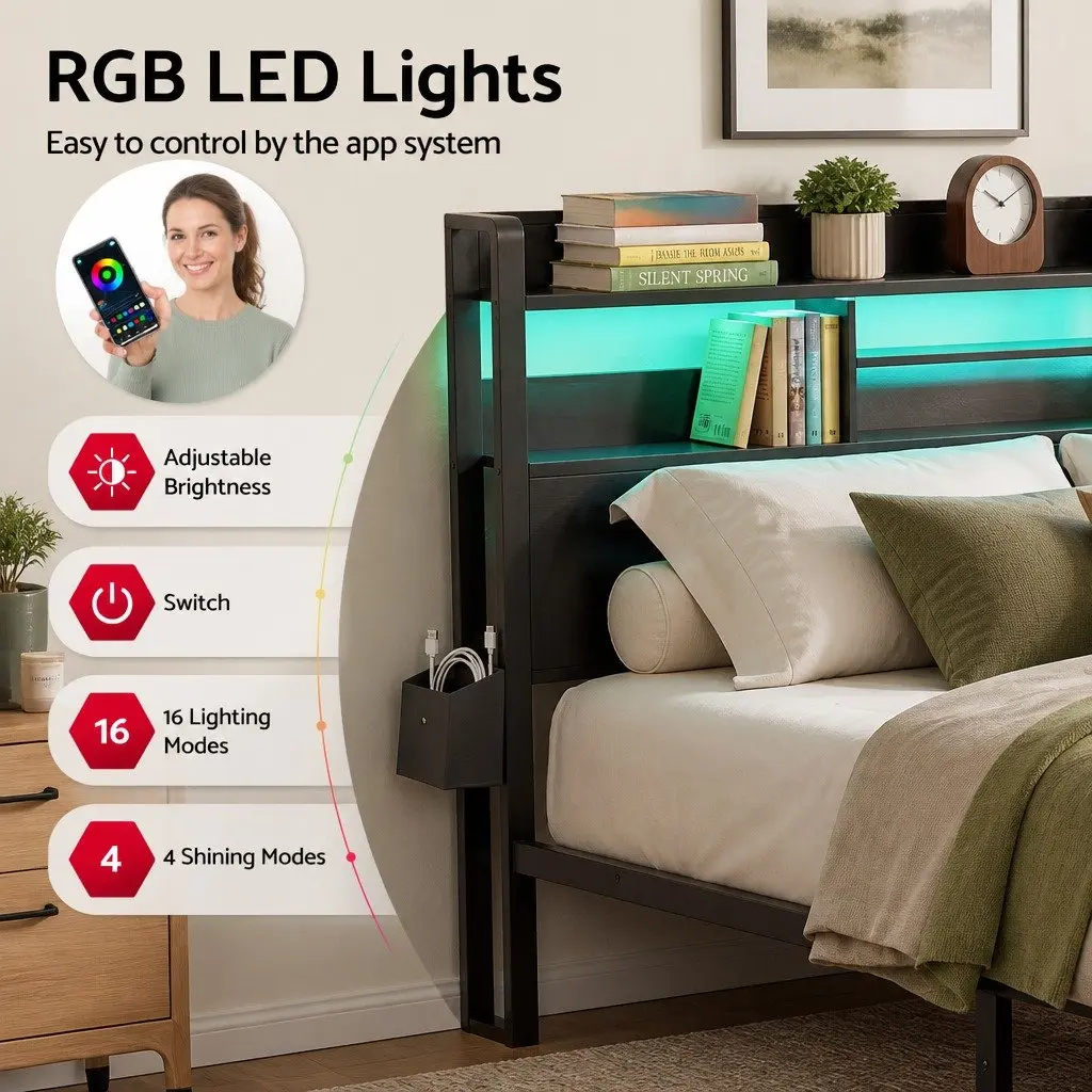 Queen Bed Frame Black Metal Industrial Style with Storage Drawers LED Charging Station
