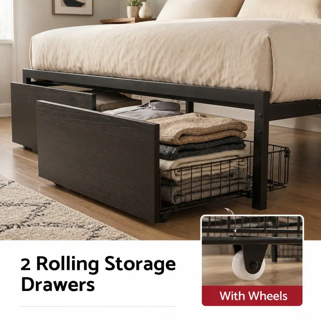 Queen Bed Frame Black Metal Industrial Style with Storage Drawers LED Charging Station