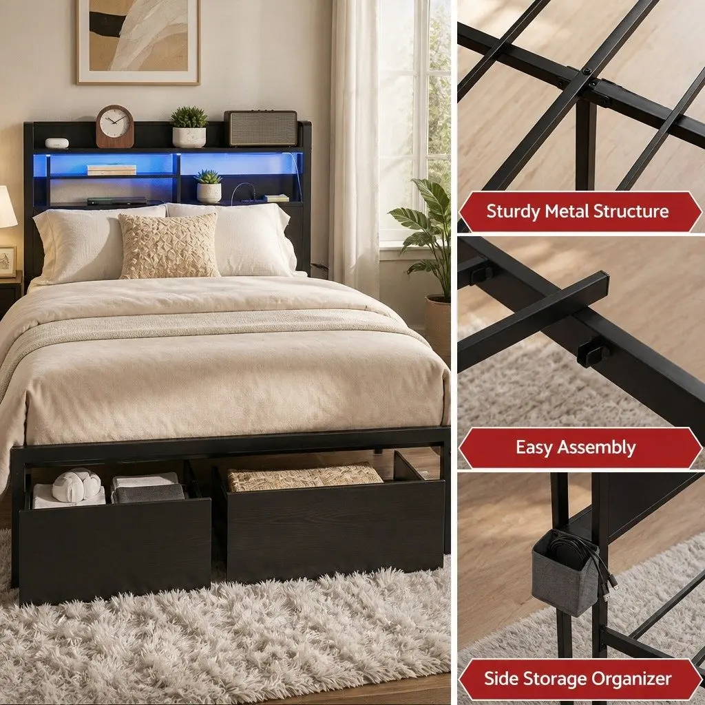 Queen Bed Frame Black Metal Industrial Style with Storage Drawers LED Charging Station
