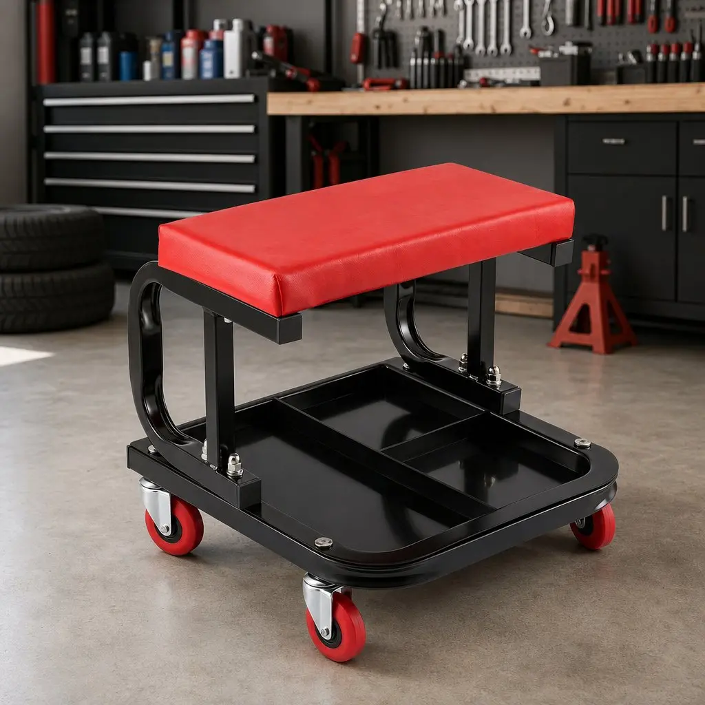 Rolling Mechanic Creeper Seat Red 36x36cm Heavy Duty with Tool Tray