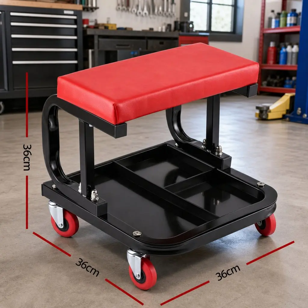 Rolling Mechanic Creeper Seat Red 36x36cm Heavy Duty with Tool Tray