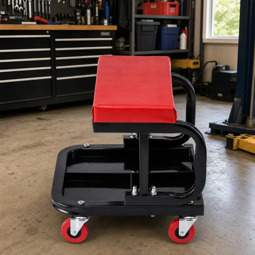 Rolling Mechanic Creeper Seat Red 36x36cm Heavy Duty with Tool Tray