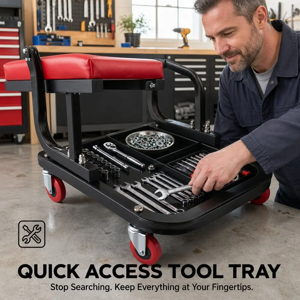 Rolling Mechanic Creeper Seat Red 36x36cm Heavy Duty with Tool Tray