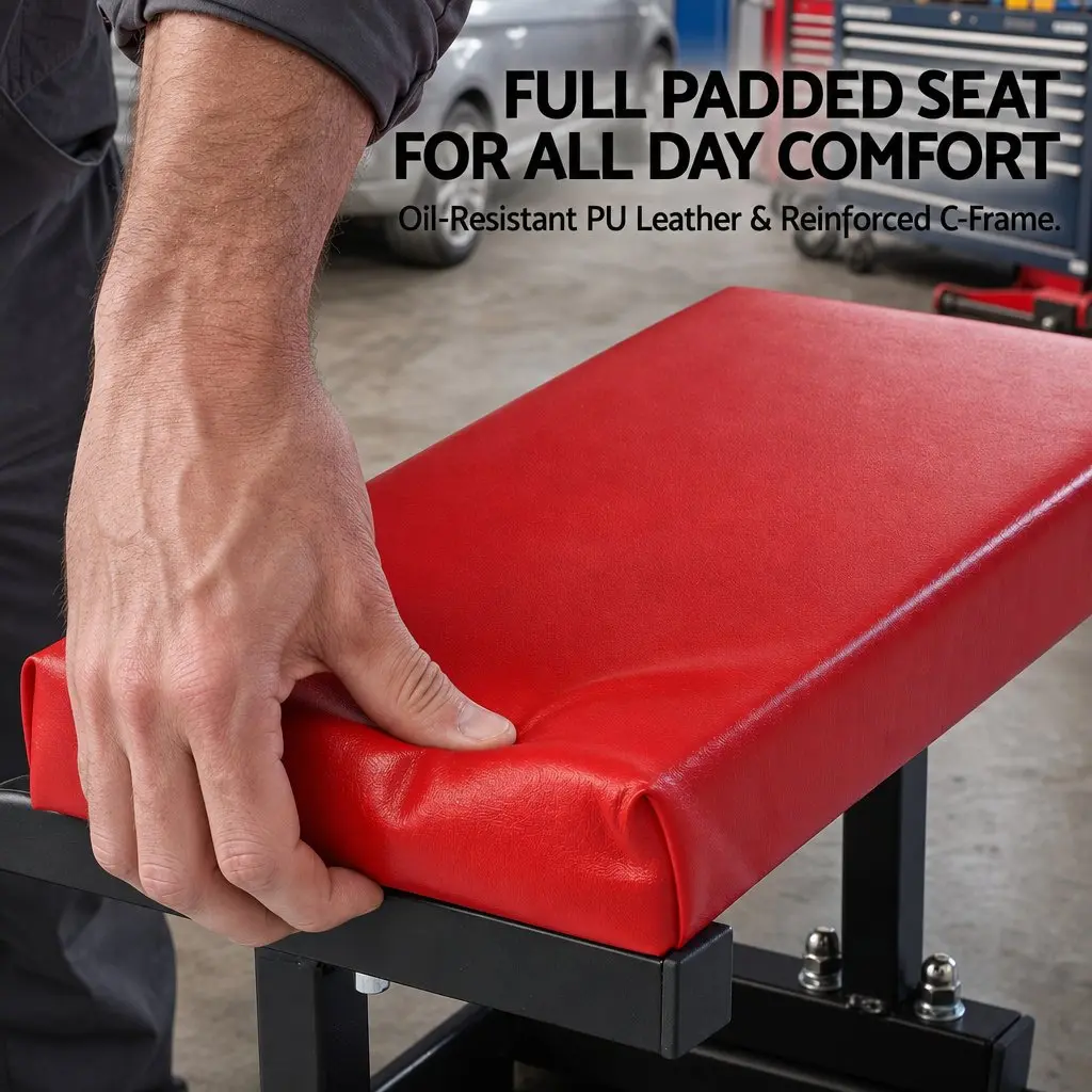Rolling Mechanic Creeper Seat Red 36x36cm Heavy Duty with Tool Tray