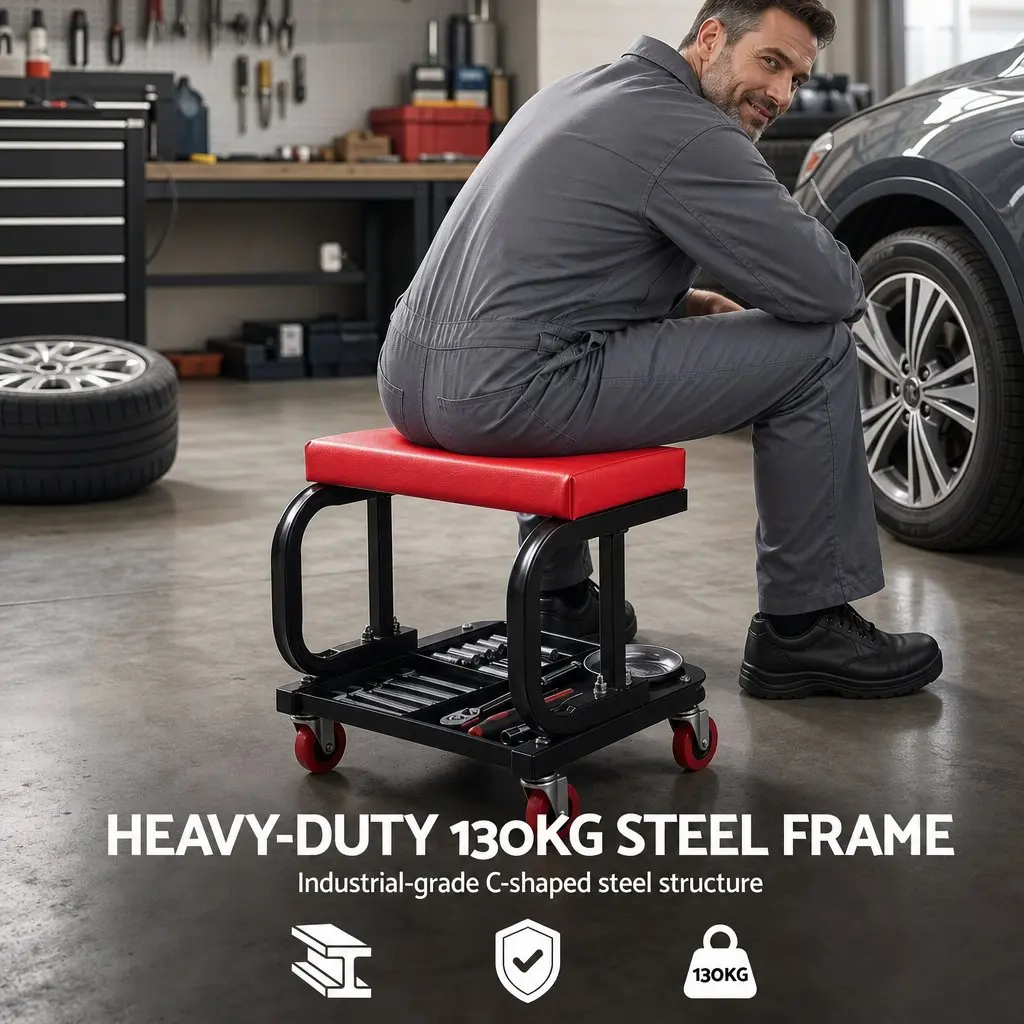 Rolling Mechanic Creeper Seat Red 36x36cm Heavy Duty with Tool Tray
