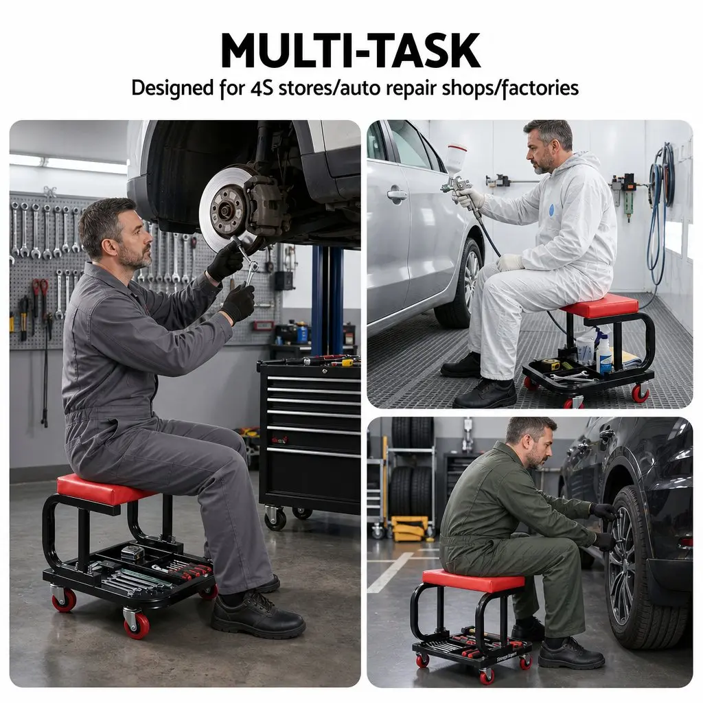 Rolling Mechanic Creeper Seat Red 36x36cm Heavy Duty with Tool Tray