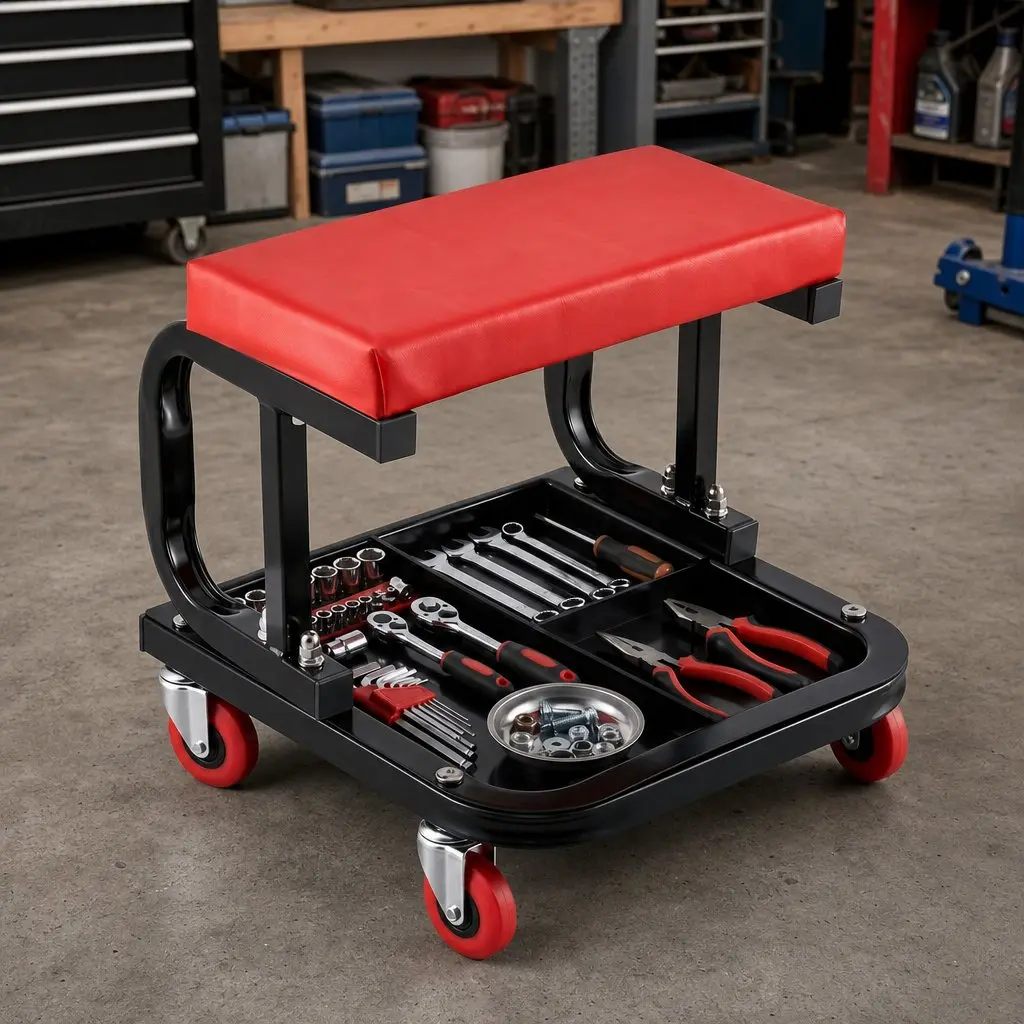 Rolling Mechanic Creeper Seat Red 36x36cm Heavy Duty with Tool Tray