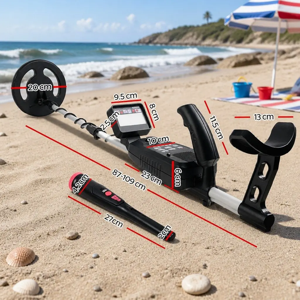 Metal Detector Black Waterproof Adjustable with LCD Display and Pinpointer