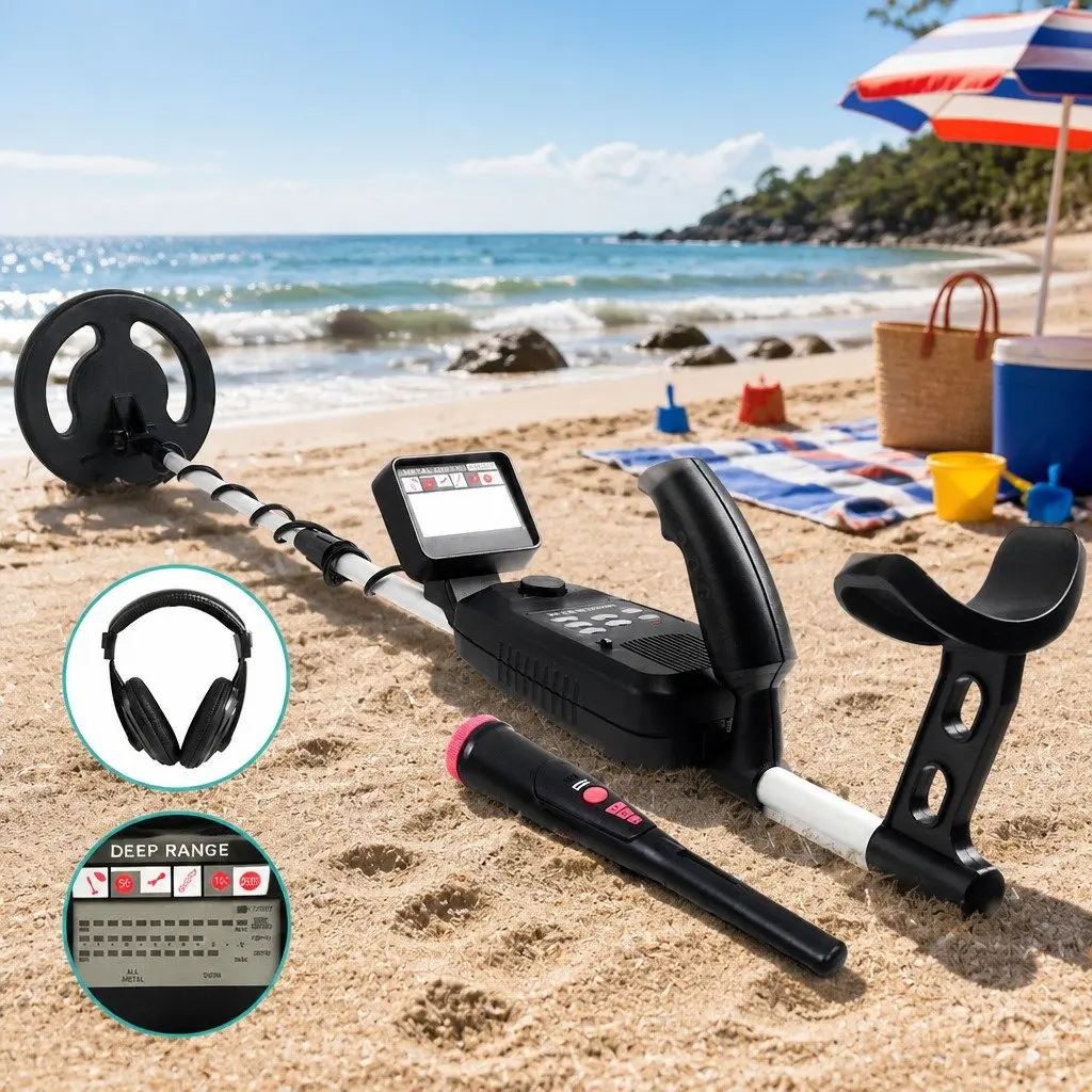 Metal Detector Black Waterproof Adjustable with LCD Display and Pinpointer
