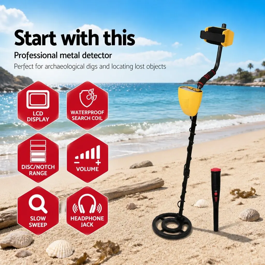 Metal Detector Set Yellow 105-121cm Backlit LCD Display Water Resistant Pinpointer