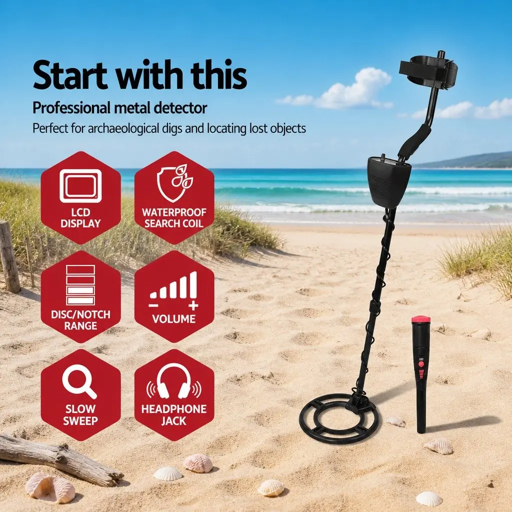 Metal Detector Black 220MM Waterproof LCD Pinpointer with Adjustable Shaft for Treasure Hunting