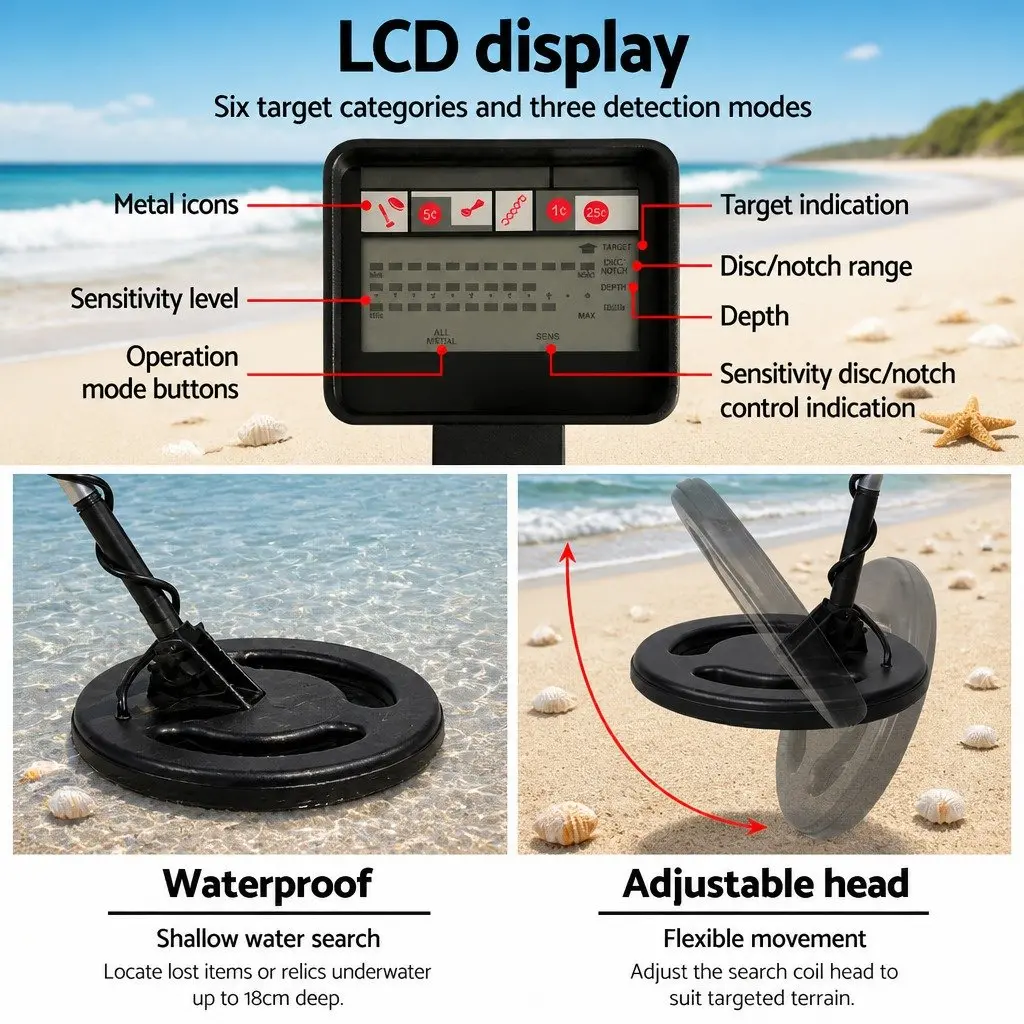 Metal Detector Black 180MM Waterproof LCD Display Adjustable Shaft Treasure Hunter