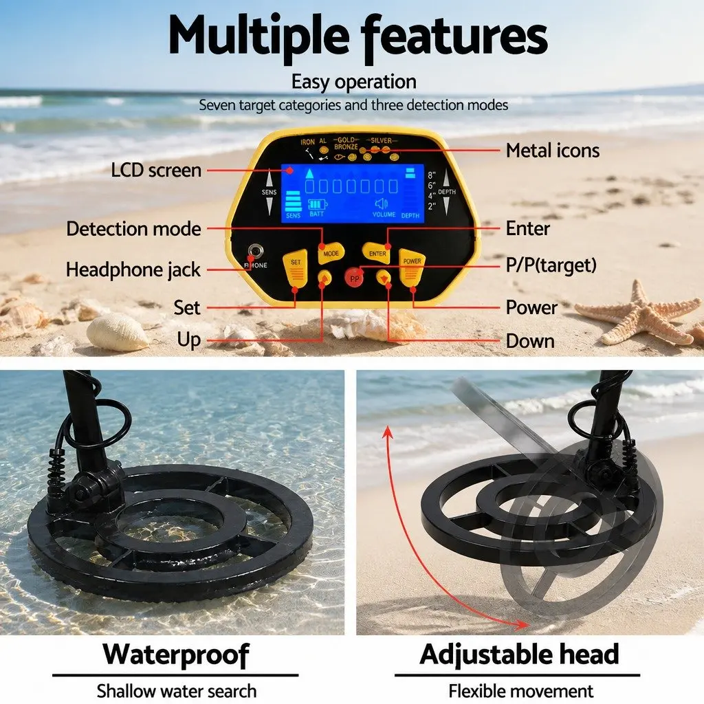 Metal Detector Yellow 180MM Waterproof Backlit LCD Display Treasure Hunter