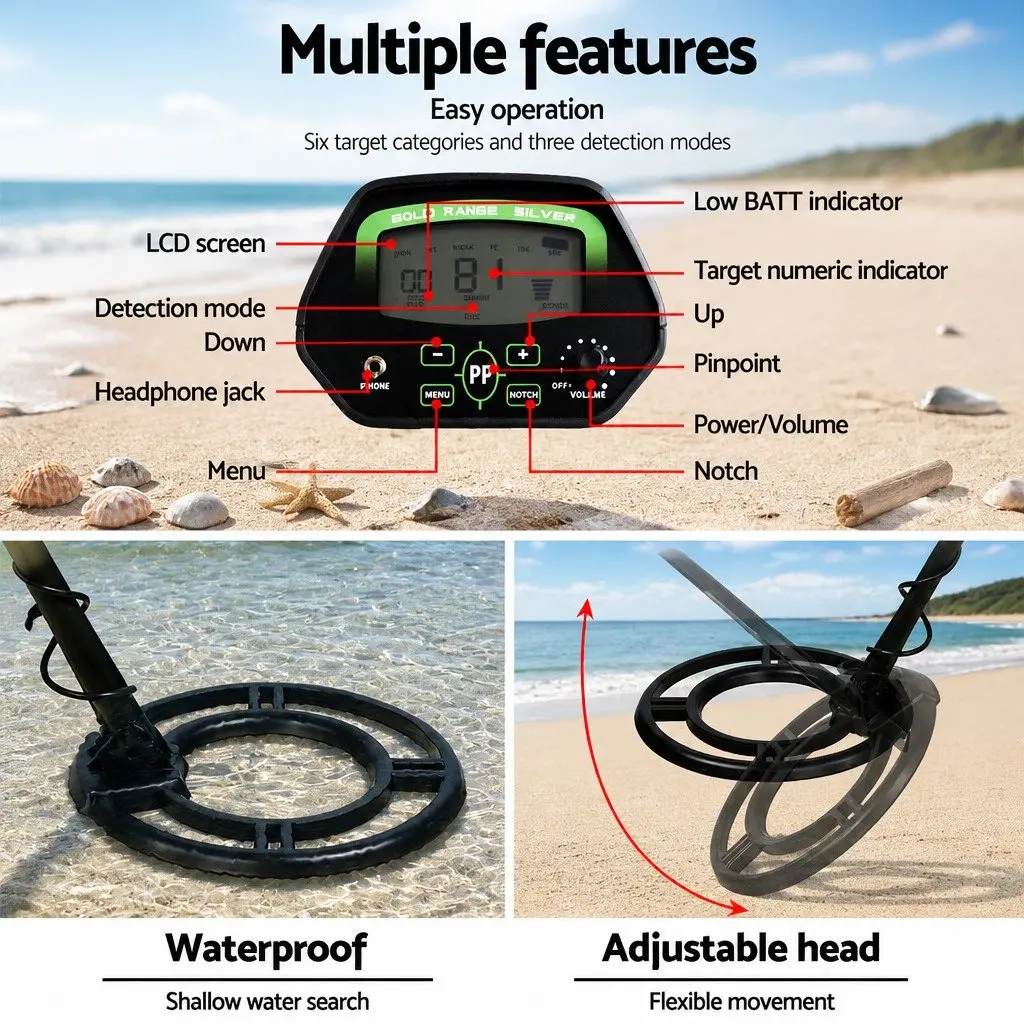 Metal Detector Black Waterproof 220MM Search Coil LCD Screen Adjustable Sensitivity