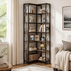 6 Tier L-Shaped Corner Bookshelf Hexagonal Design Display Storage Shelves Oak