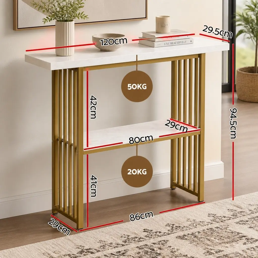 Console Table Marble Effect White Gold 2-Tier Storage Hallway Entryway Living