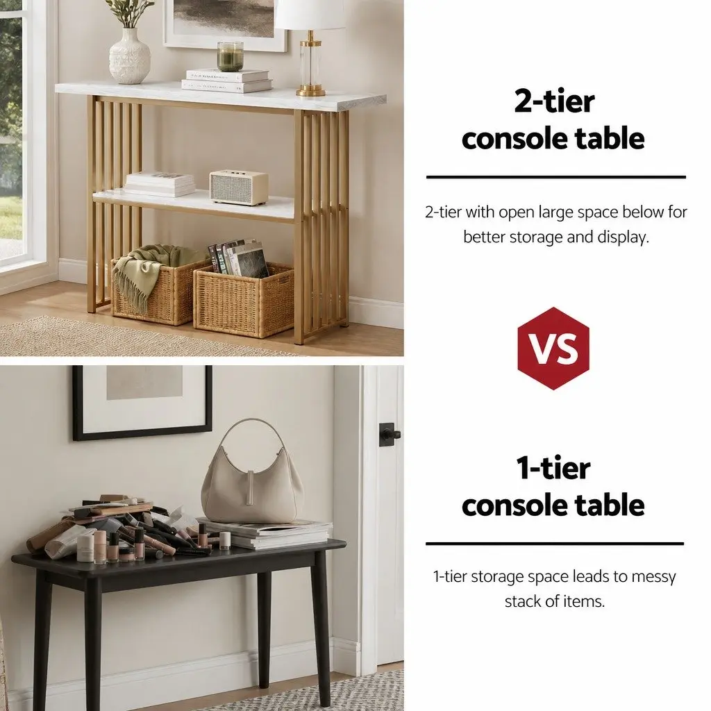 Console Table Marble Effect White Gold 2-Tier Storage Hallway Entryway Living