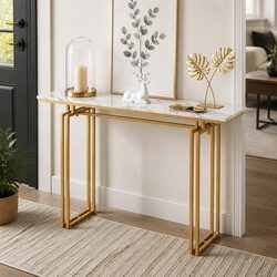Console Table Hallway Entryway Side Table Marble Effect 110cm White Gold Frame