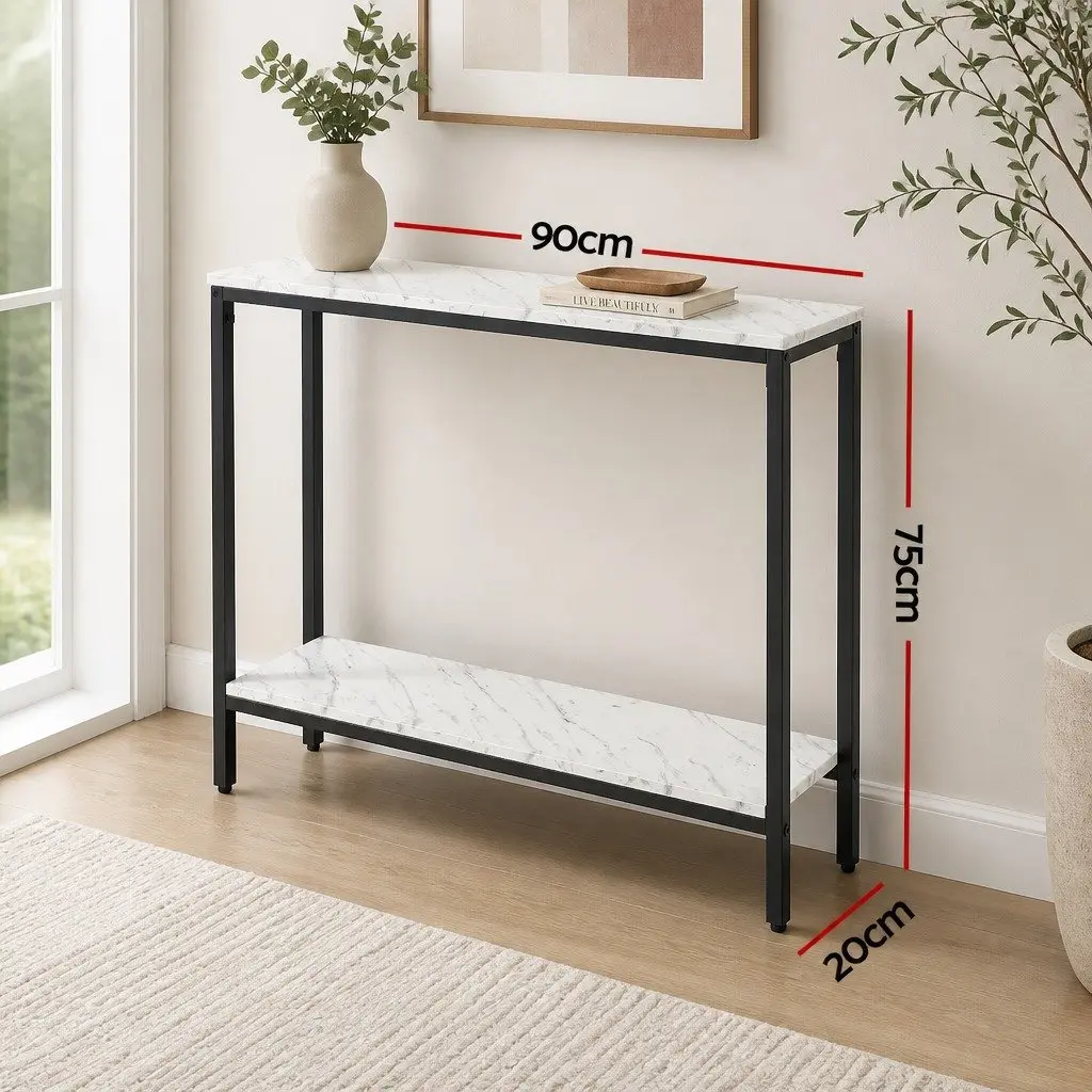 Console Table 2-Tier Entryway Hallway Display Desk Marble Effect Storage Black