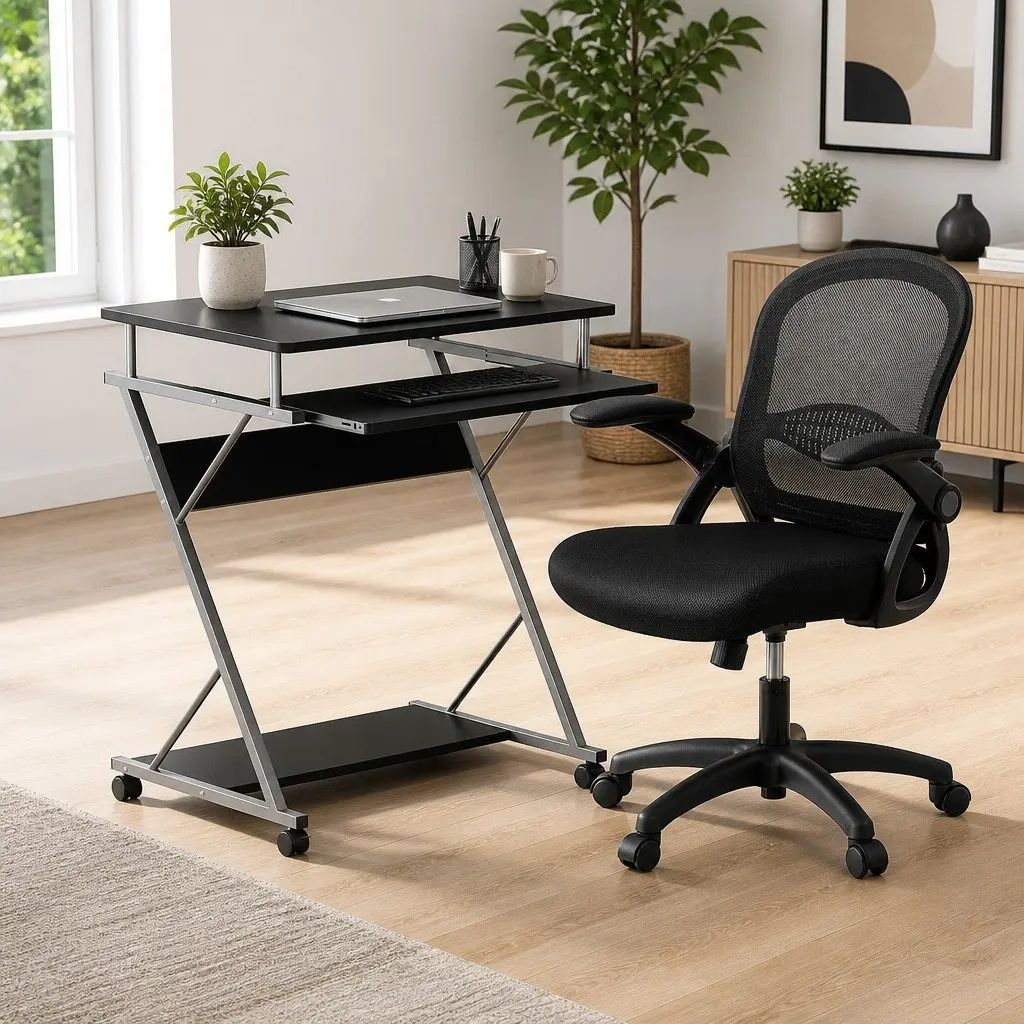 Computer Desk Office Chair Set Black 60cm Spacious Work Surface with Sliding Keyboard Tray and 360° Castor Wheels