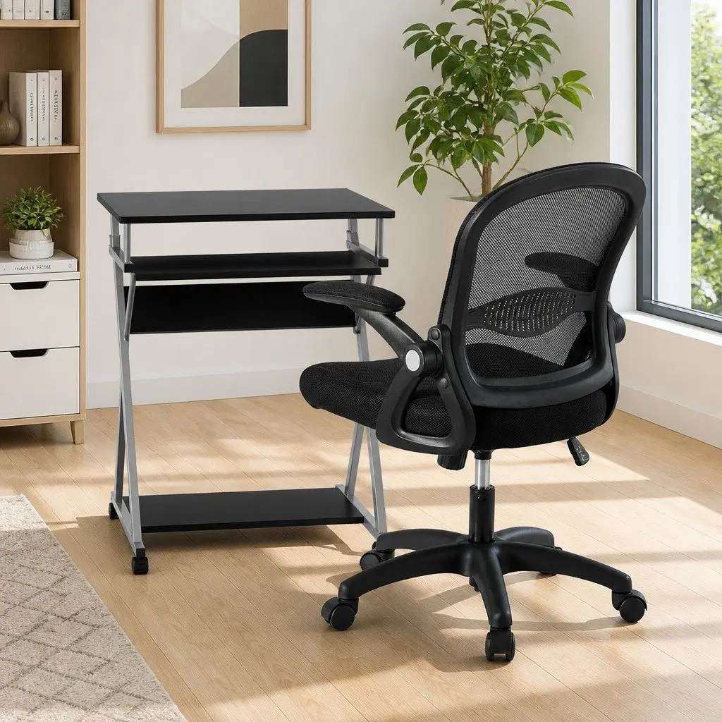 Computer Desk Office Chair Set Black 60cm Spacious Work Surface with Sliding Keyboard Tray and 360° Castor Wheels