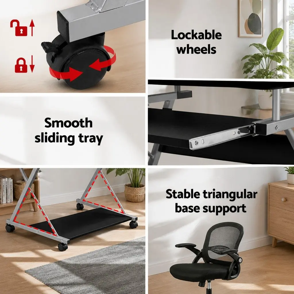 Computer Desk Office Chair Set Black 60cm Spacious Work Surface with Sliding Keyboard Tray and 360° Castor Wheels