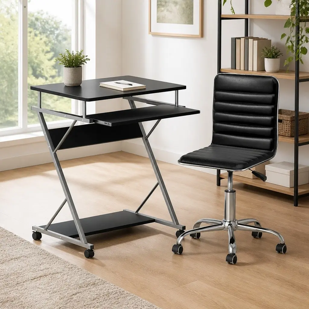 Computer Desk Office Chair Set Black with Keyboard Tray and Shelf