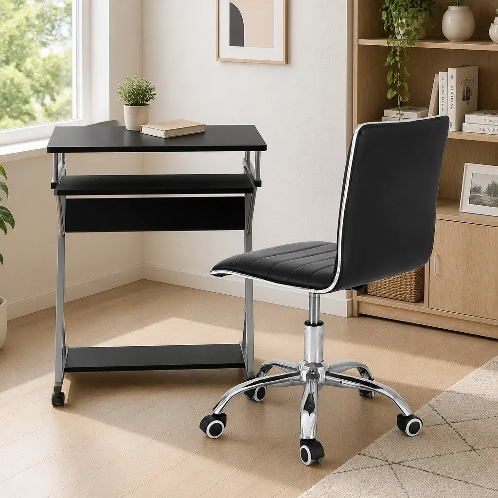 Computer Desk Office Chair Set Black with Keyboard Tray and Shelf