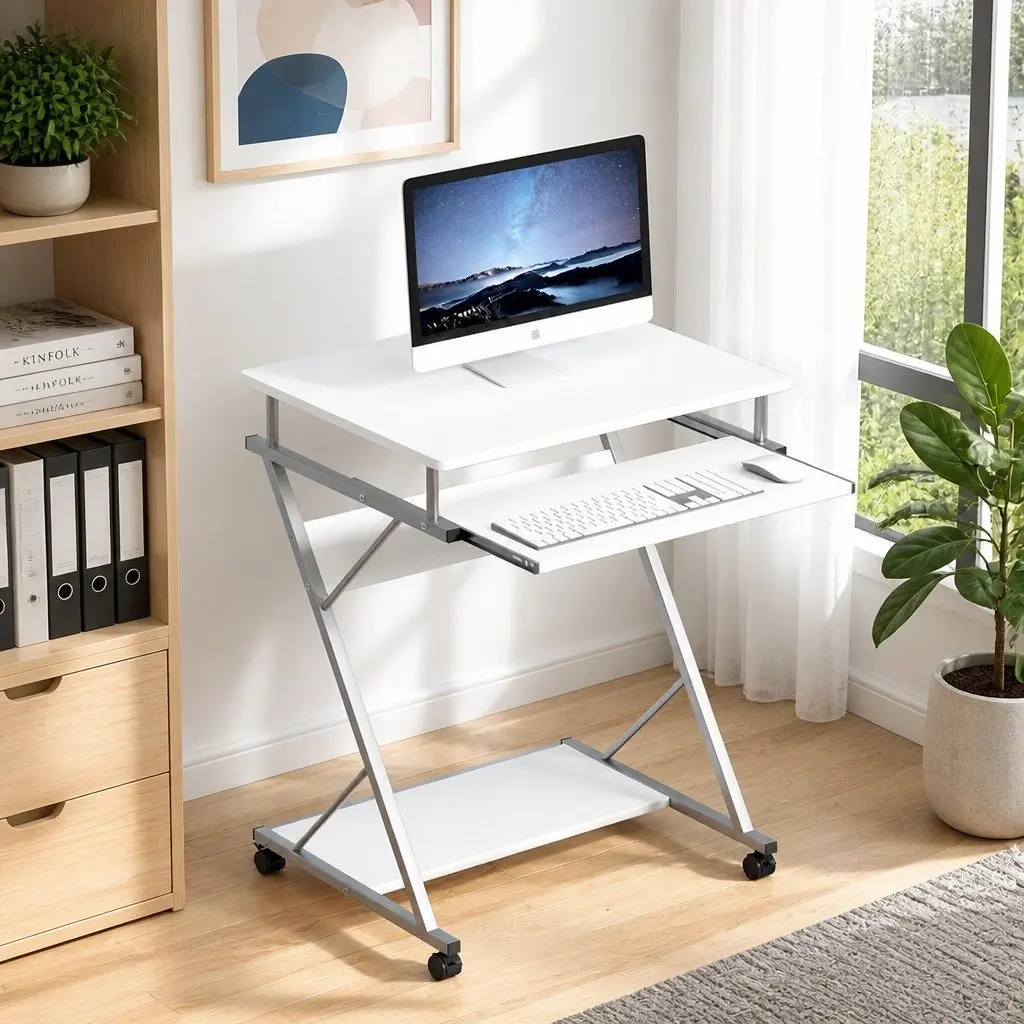 Computer Desk White 60cm Sliding Keyboard Tray Z-Shape Steel Frame