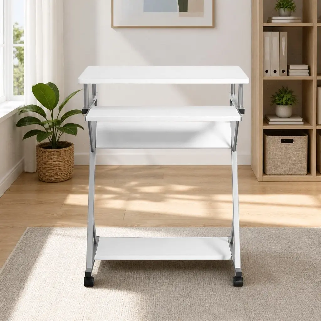 Computer Desk White 60cm Sliding Keyboard Tray Z-Shape Steel Frame