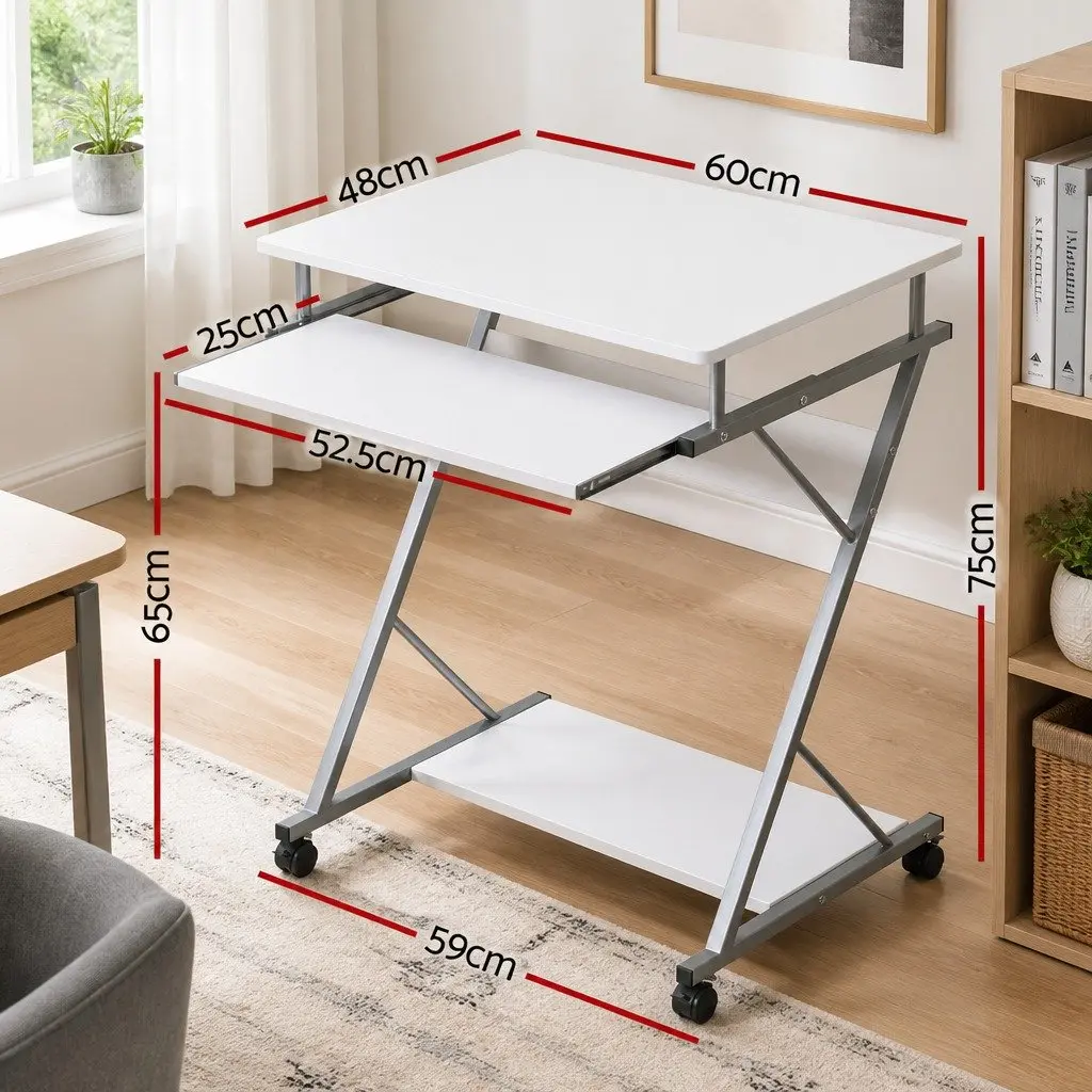 Computer Desk White 60cm Sliding Keyboard Tray Z-Shape Steel Frame