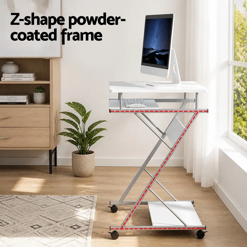 Computer Desk White 60cm Sliding Keyboard Tray Z-Shape Steel Frame