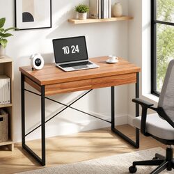 Computer Desk with 2 Drawers Storage Walnut Black 100CM Home Office Workstation