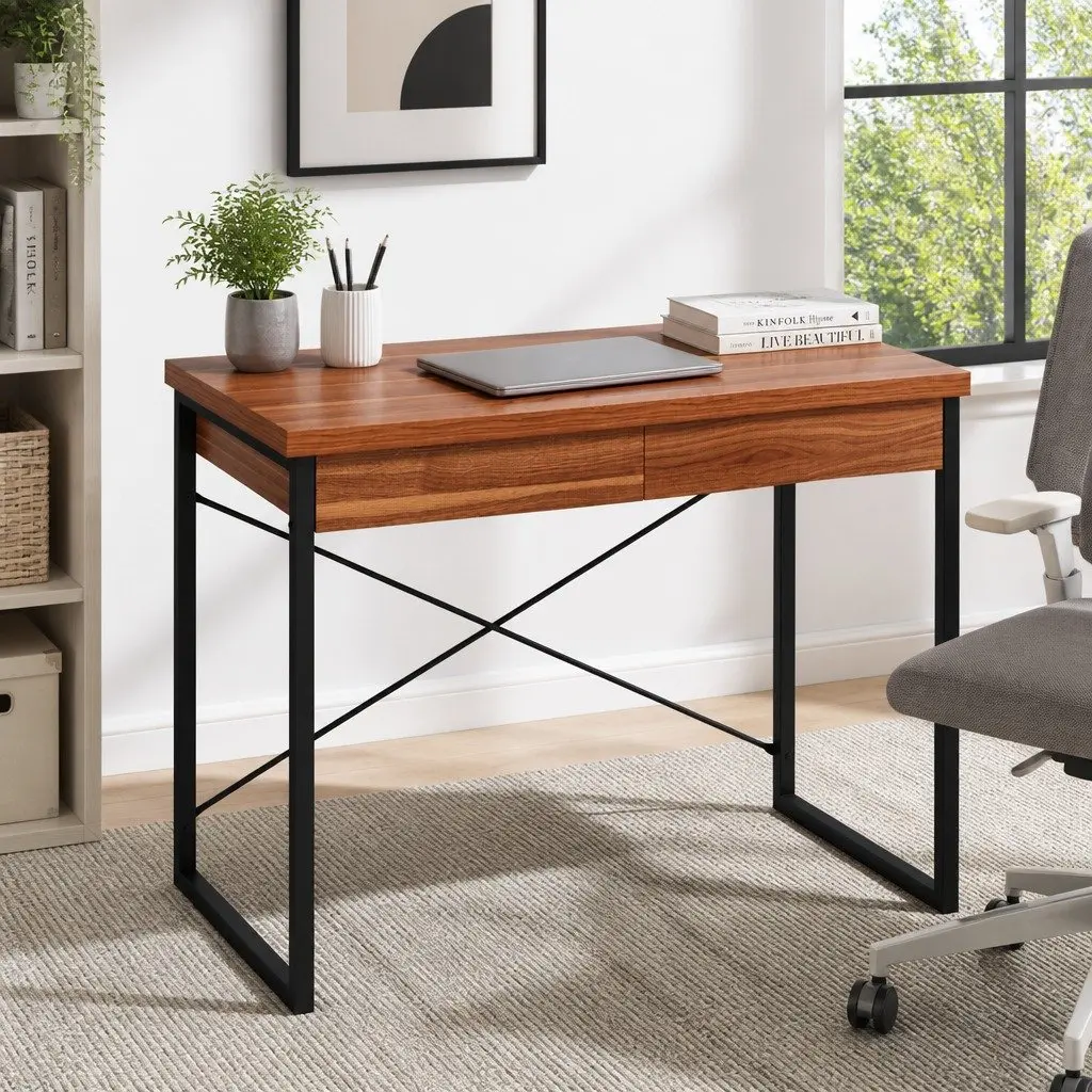 Computer Desk Walnut Black 100CM 2 Drawers Storage Home Office Workstation