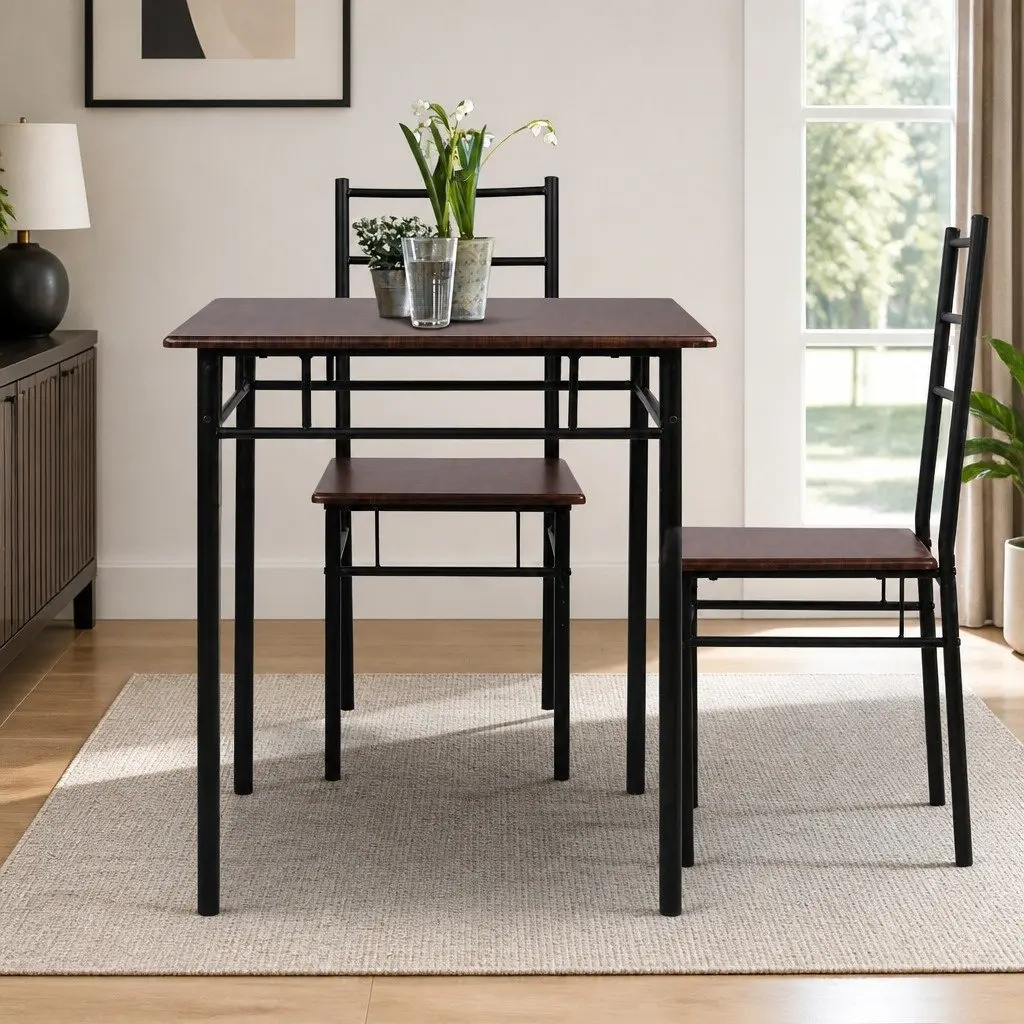 Dining Table and Chairs Set for 3 Industrial Design Walnut Black Frame
