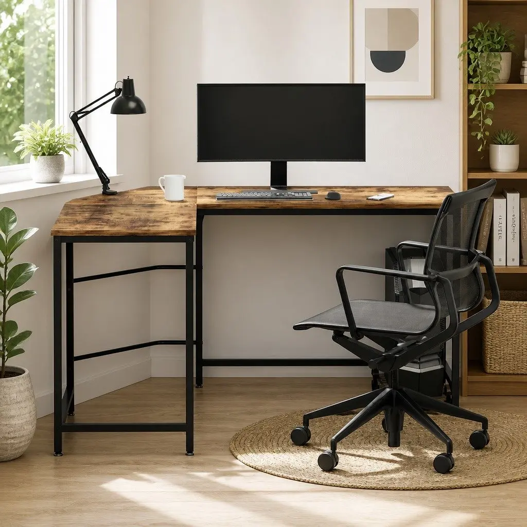 L-Shape Computer Desk Brown 147cm Corner Office Workstation Study Table