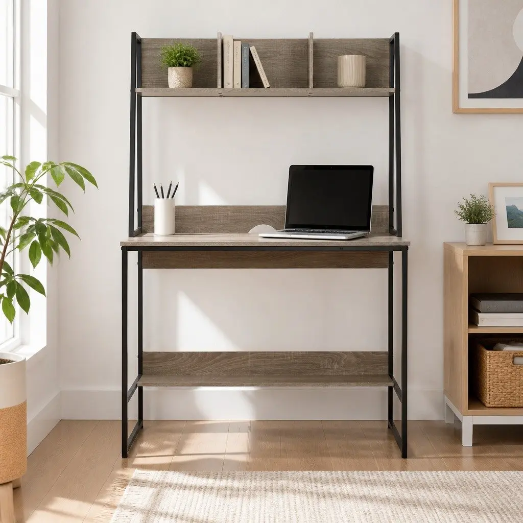 Computer Desk Grey 100cm Home Office Workstation with Bookshelf Storage and Cable Management