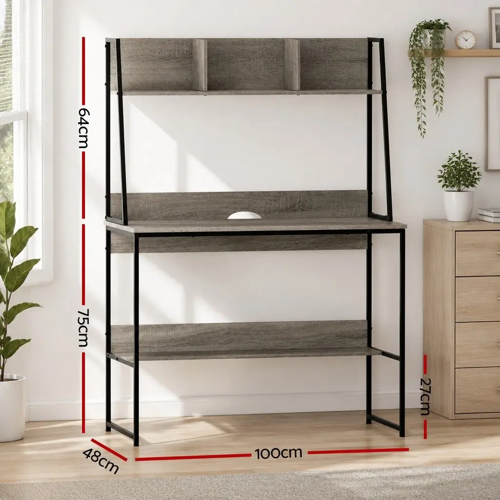 Computer Desk Grey 100cm Home Office Workstation with Bookshelf Storage and Cable Management