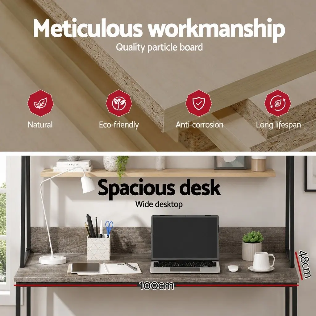 Computer Desk Grey 100cm Home Office Workstation with Bookshelf Storage and Cable Management
