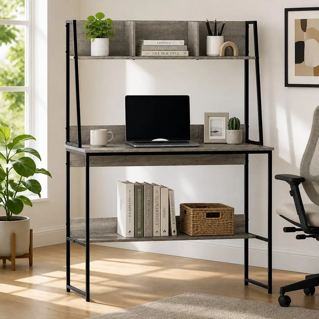 Computer Desk Grey 100cm Home Office Workstation with Bookshelf Storage and Cable Management