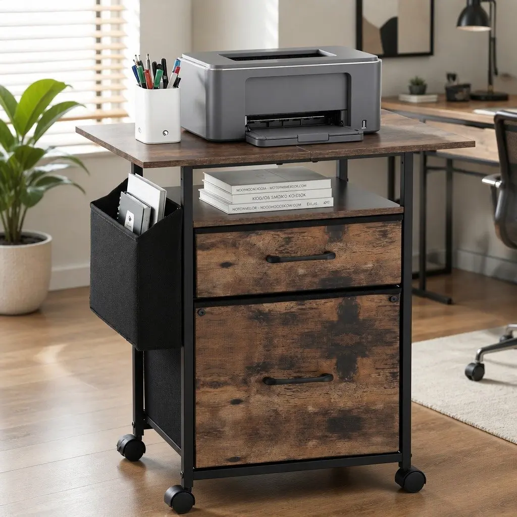 Mobile Filing Cabinet Rustic Brown 60cm Printer Stand 2 Drawer File Storage with Castors