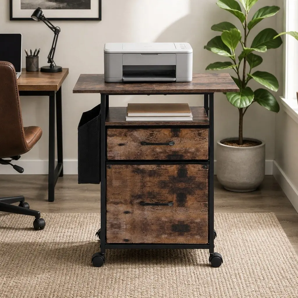 Mobile Filing Cabinet Rustic Brown 60cm Printer Stand 2 Drawer File Storage with Castors