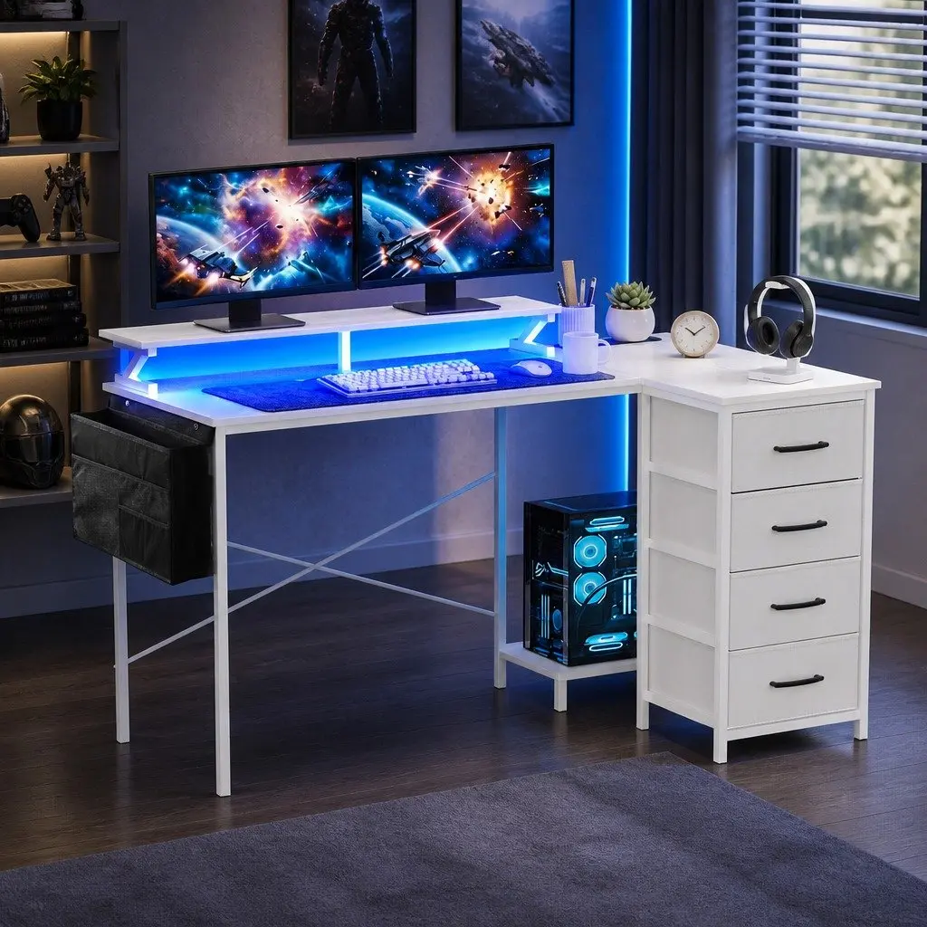 L Shaped Gaming Computer Desk White 140cm Workspace with LED Lighting and Power