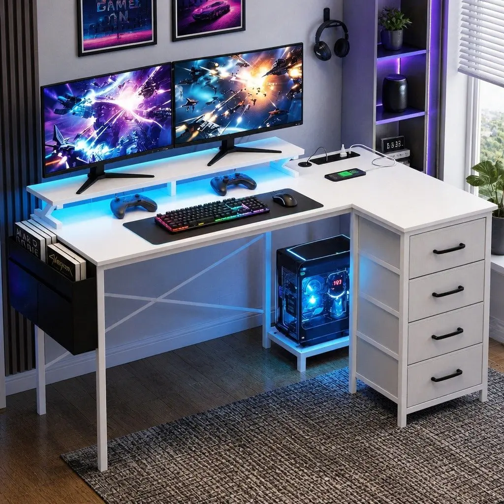 L Shaped Gaming Computer Desk White 140cm Workspace with LED Lighting and Power