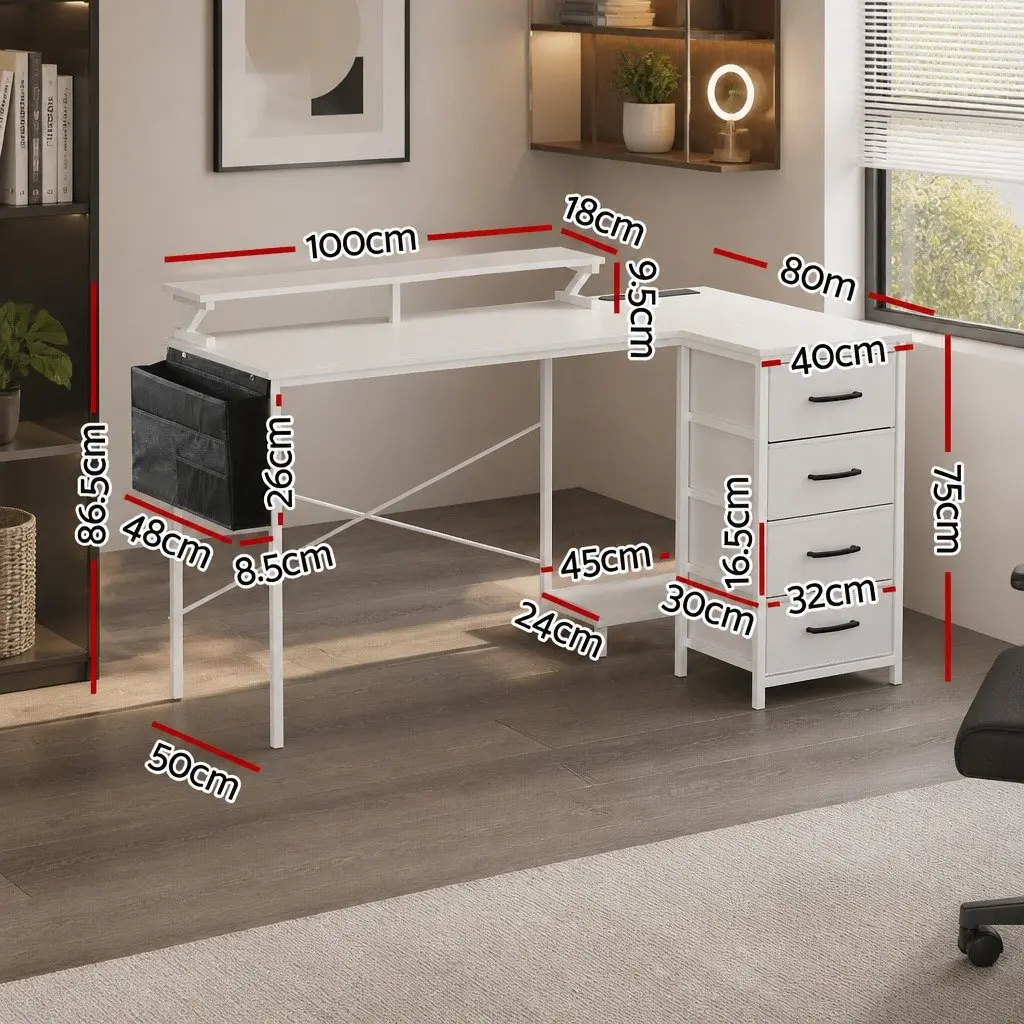 L Shaped Gaming Computer Desk White 140cm Workspace with LED Lighting and Power