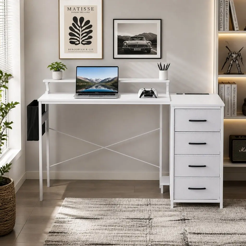 L Shaped Gaming Computer Desk White 140cm Workspace with LED Lighting and Power