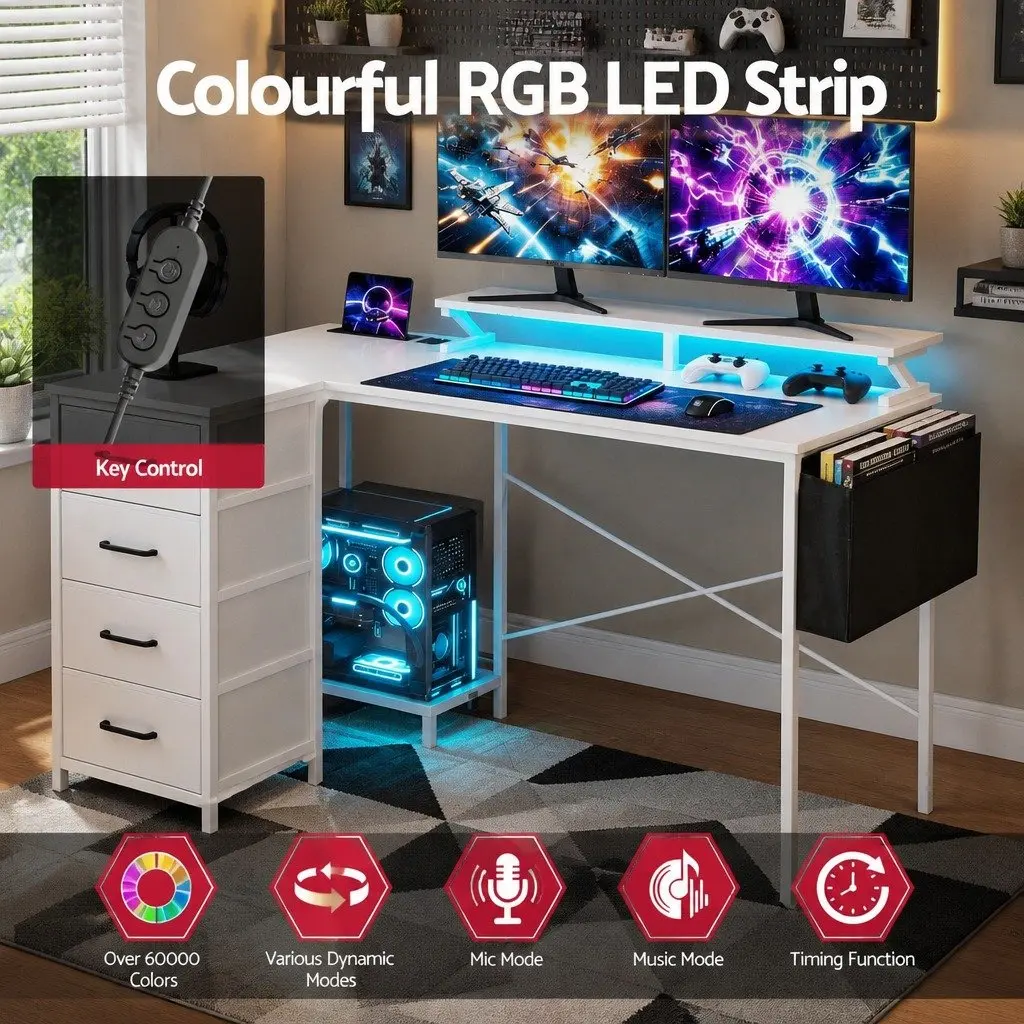 L Shaped Gaming Computer Desk White 140cm Workspace with LED Lighting and Power