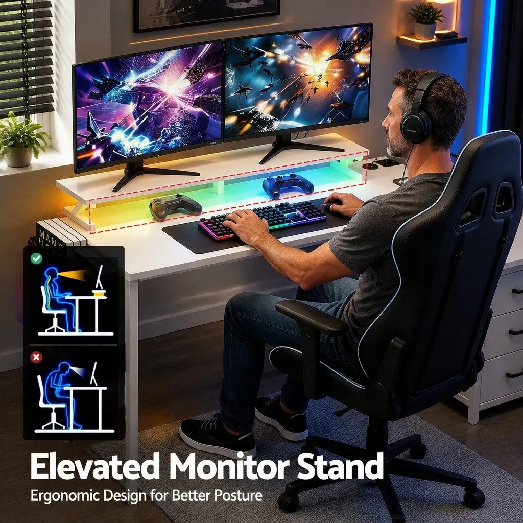 L Shaped Gaming Computer Desk White 140cm Workspace with LED Lighting and Power