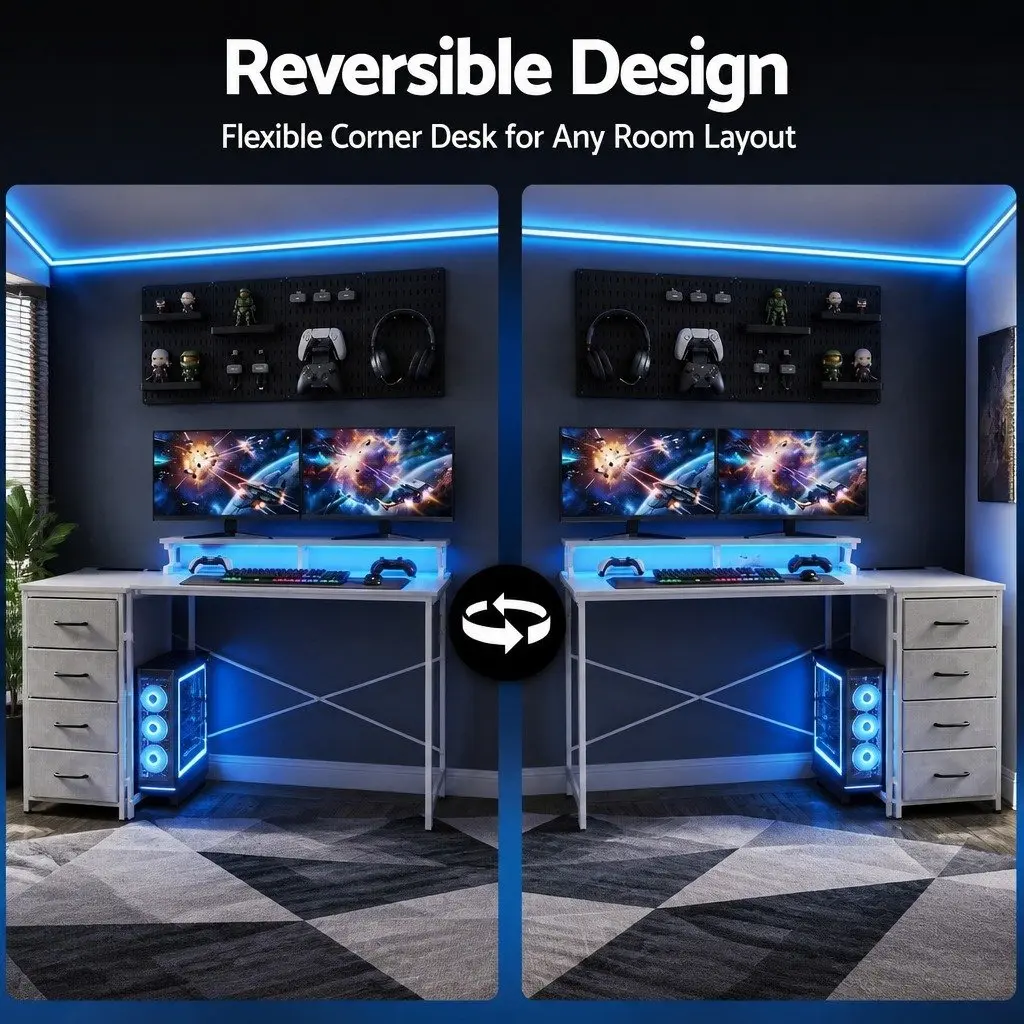 L Shaped Gaming Computer Desk White 140cm Workspace with LED Lighting and Power