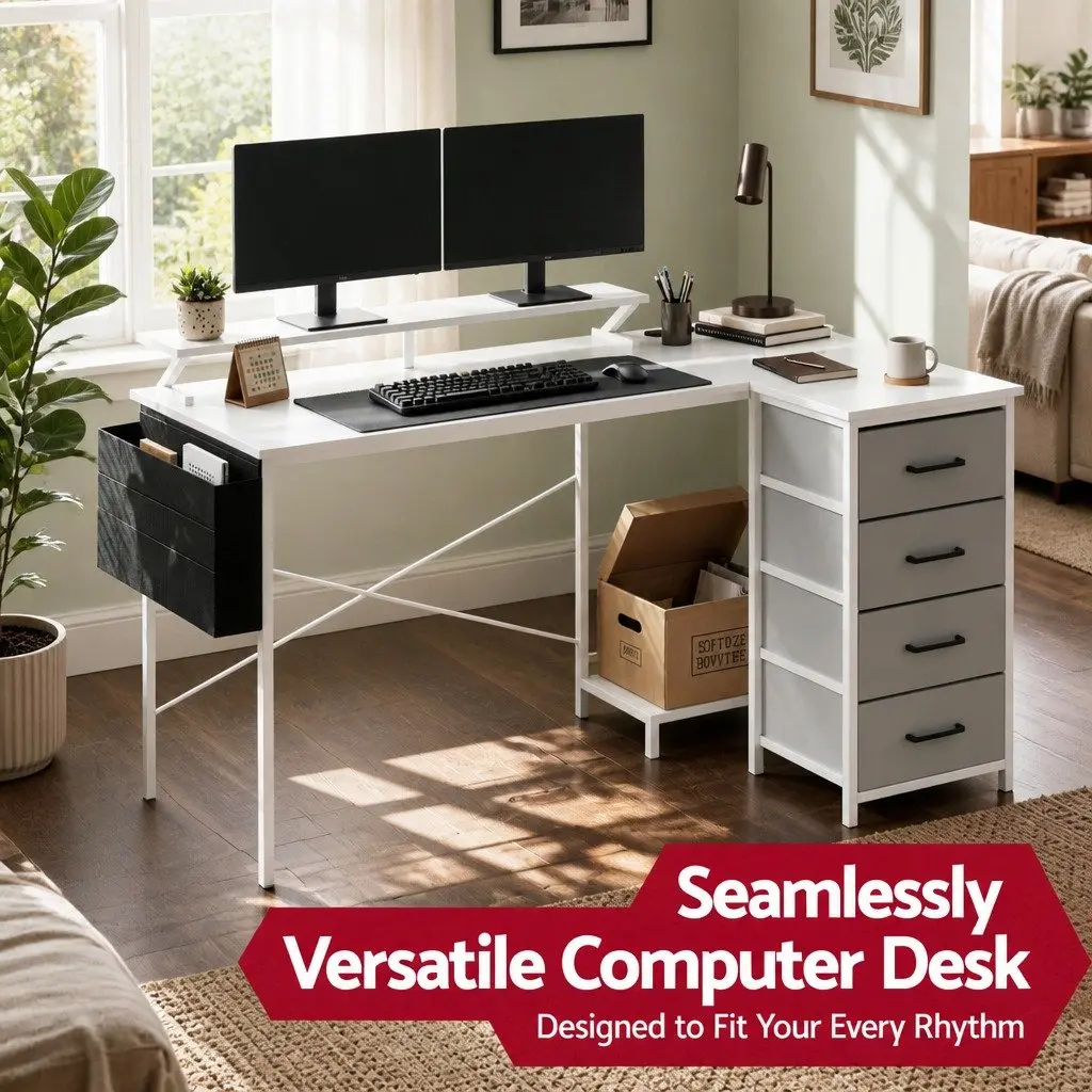L Shaped Gaming Computer Desk White 140cm Workspace with LED Lighting and Power